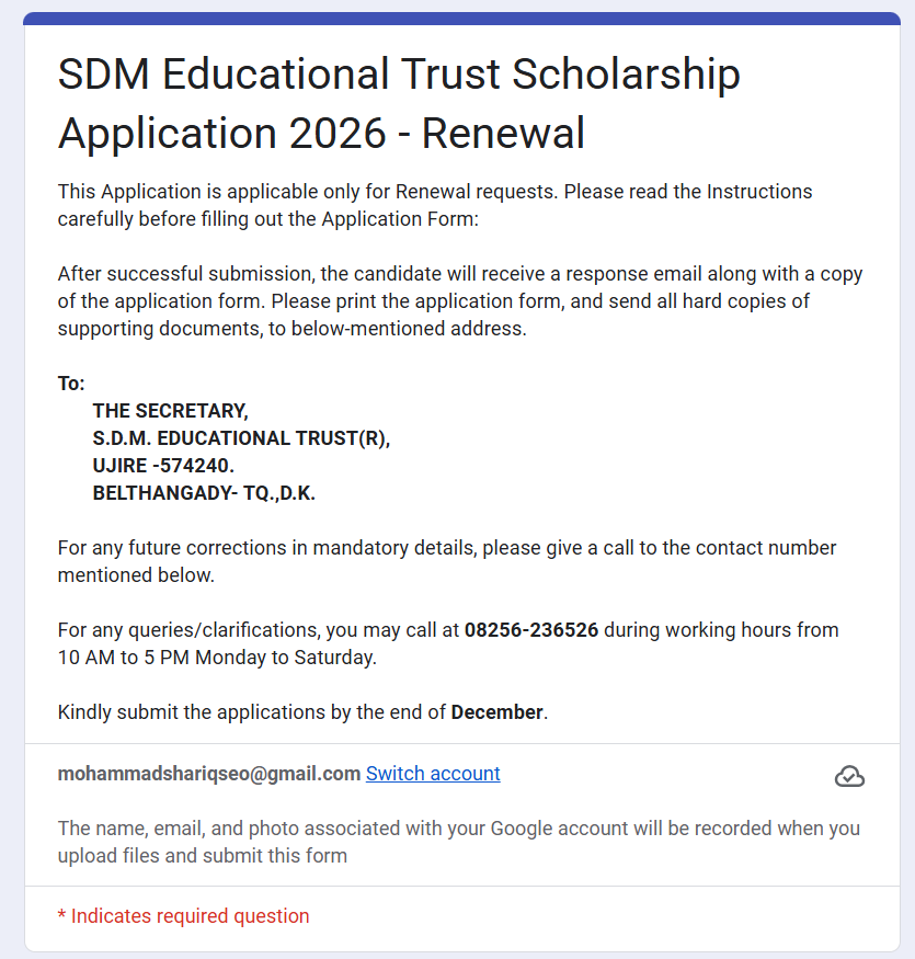 Renewal Process for SDM Educational Trust Scholarship 2025