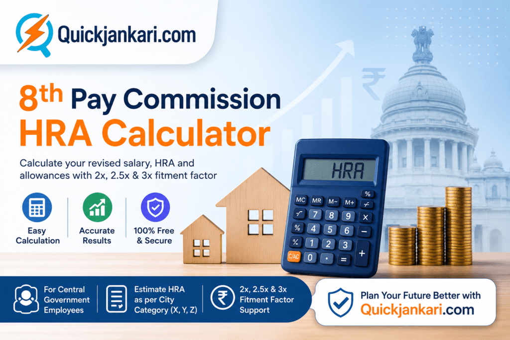 8th Pay Commission HRA Calculator showing revised salary and HRA under 2x, 2.5x and 3x fitment factors for Central Government employees.